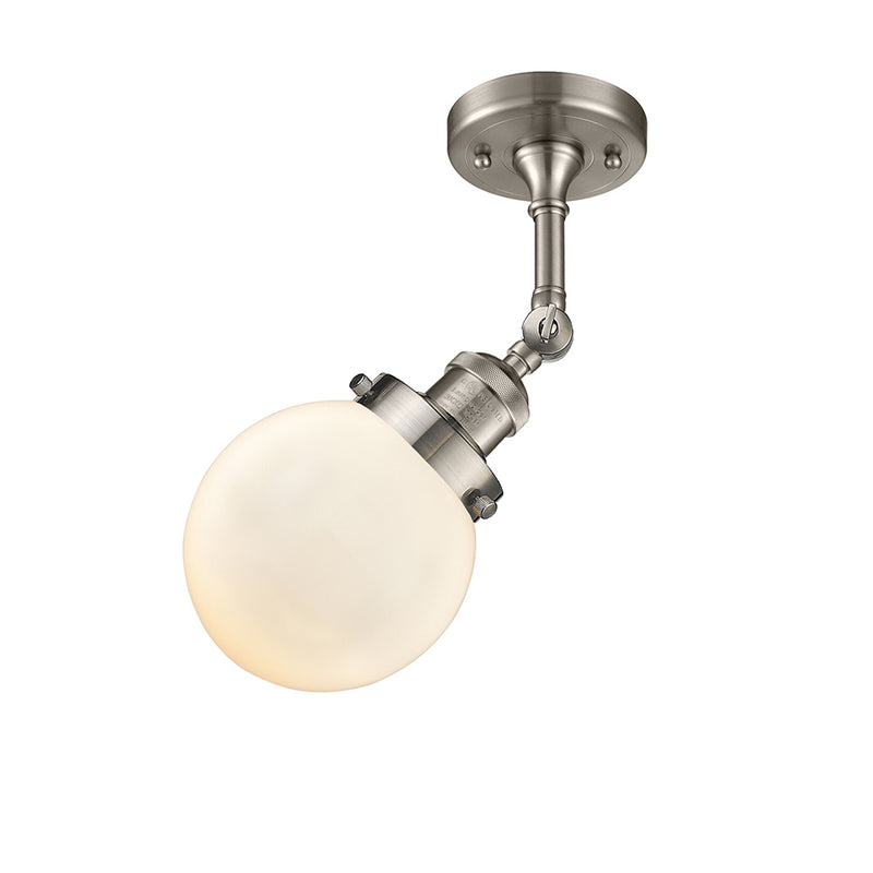 Beacon Semi-Flush Mount shown in the Brushed Satin Nickel finish with a Matte White shade