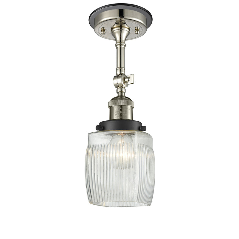 Colton Semi-Flush Mount shown in the Polished Nickel finish with a Clear Halophane shade