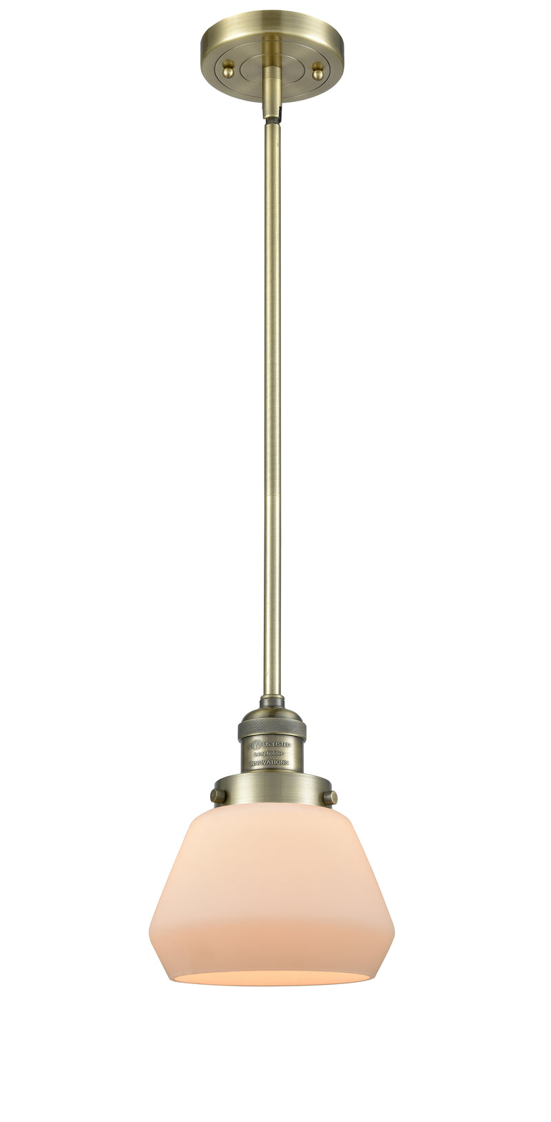 Innovations Lighting Fulton 1-100 watt 7 inch Antique Brass Mini Pendant with Matte White Cased glass and Solid Brass Hang Straight Swivel 201SABG171