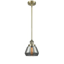 Fulton Mini Pendant shown in the Antique Brass finish with a Plated Smoke shade