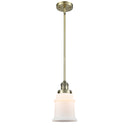 Canton Mini Pendant shown in the Antique Brass finish with a Matte White shade