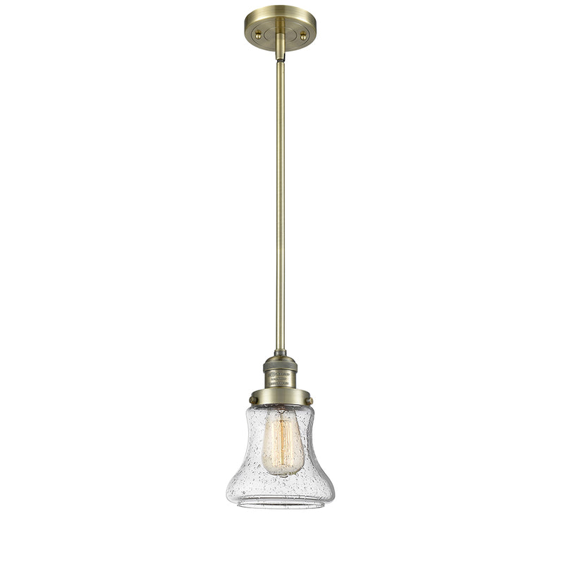 Bellmont Mini Pendant shown in the Antique Brass finish with a Seedy shade