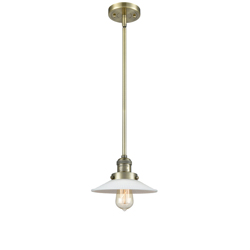 Halophane Mini Pendant shown in the Antique Brass finish with a Matte White Halophane shade