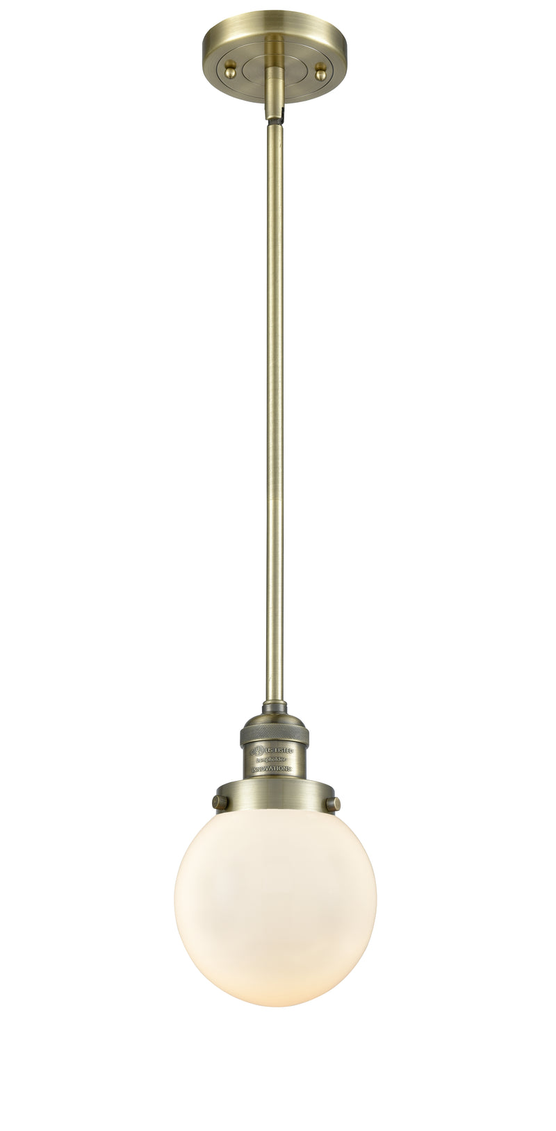 Innovations Lighting Beacon 1-100 watt 6 inch Antique Brass Mini Pendant with Matte White Cased glass and Solid Brass Hang Straight Swivel 201SABG2016