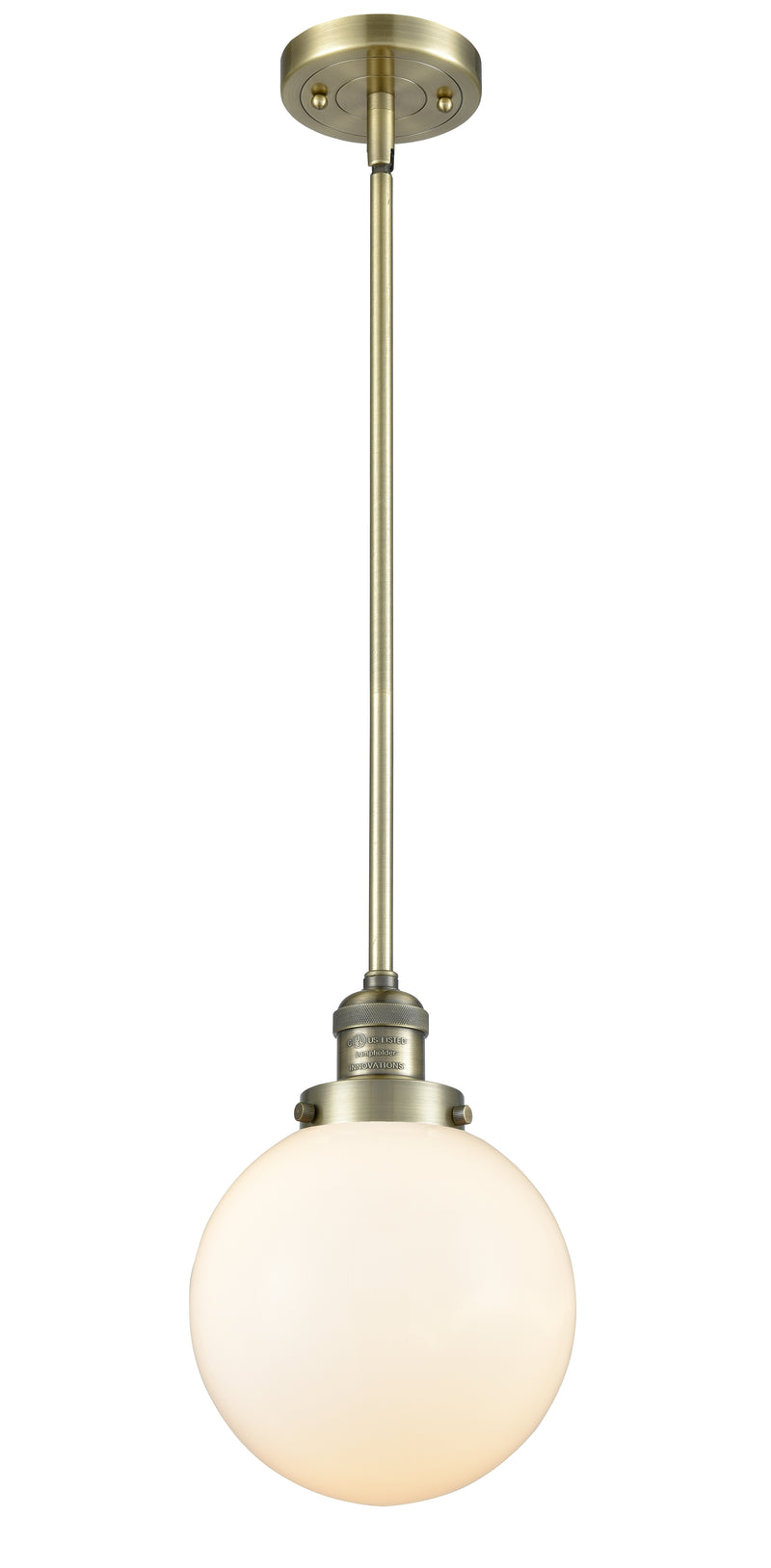 Innovations Lighting Beacon 1-100 watt 8 inch Antique Brass Mini Pendant with Matte White Cased glass and Solid Brass Hang Straight Swivel 201SABG2018