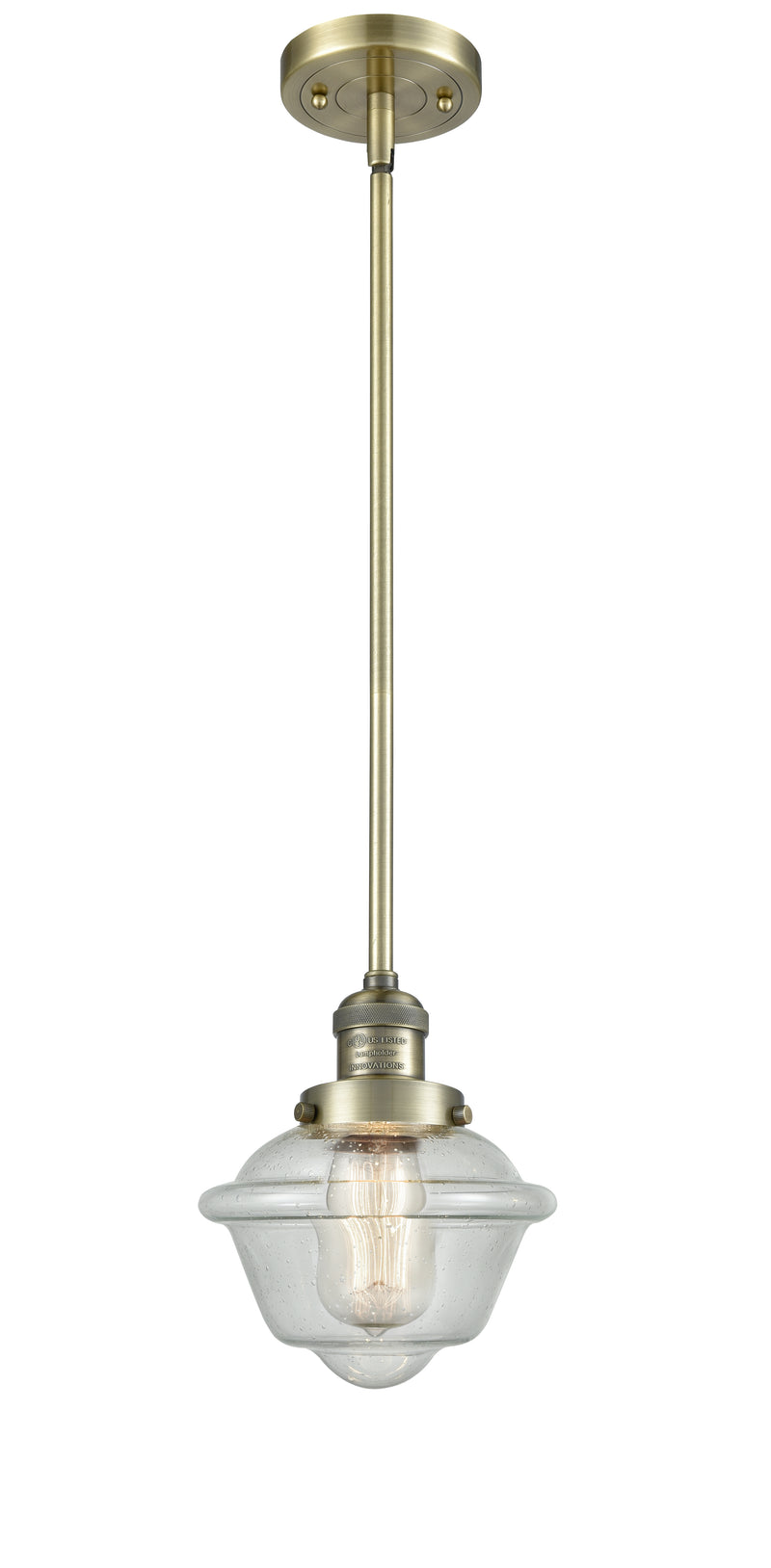 Innovations Lighting Small Oxford 1-100 watt 8 inch Antique Brass Mini Pendant with Seedy glass and Solid Brass Hang Straight Swivel 201SABG534