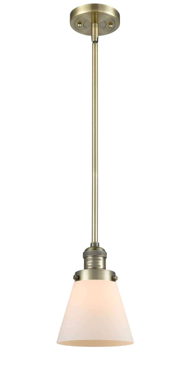 Innovations Lighting Small Cone 1-100 watt 6 inch Antique Brass Mini Pendant with Matte White Cased glass and Solid Brass Hang Straight Swivel 201SABG61