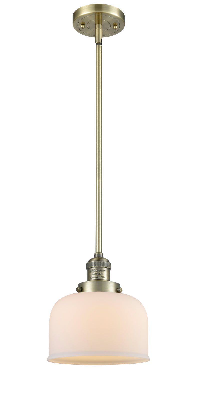 Innovations Lighting Large Bell 1-100 watt 8 inch Antique Brass Mini Pendant with Matte White Cased glass and Solid Brass Hang Straight Swivel 201SABG71