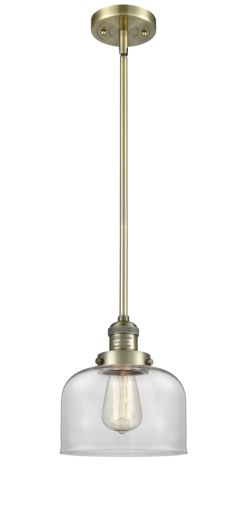 Innovations Lighting Large Bell 1-100 watt 8 inch Antique Brass Mini Pendant with Clear glass and Solid Brass Hang Straight Swivel 201SABG72