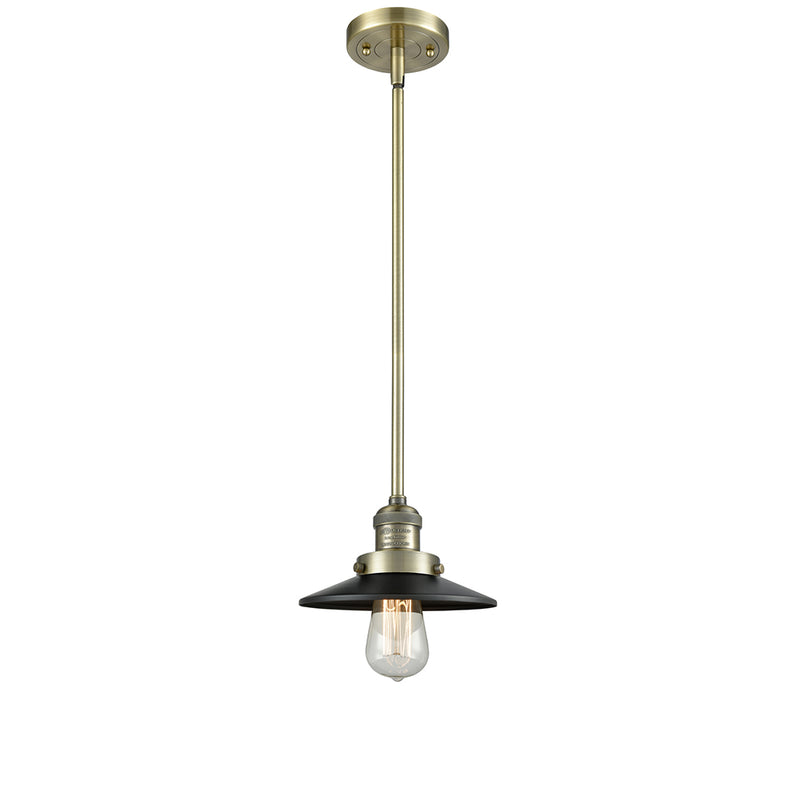 Railroad Mini Pendant shown in the Antique Brass finish with a Matte Black shade