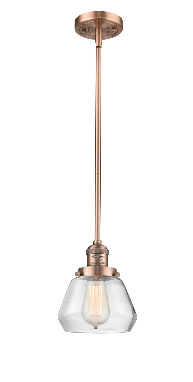 Innovations Lighting Fulton 1-100 watt 7 inch Antique Copper Mini Pendant with Clear glass and Solid Brass Hang Straight Swivel 201SACG172