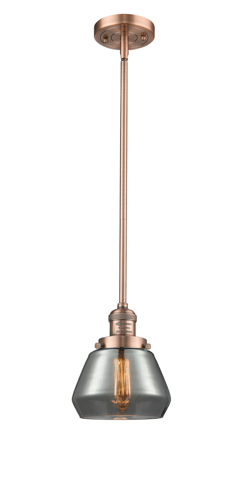 Innovations Lighting Fulton 1-100 watt 7 inch Antique Copper Mini Pendant with Smoked glass and Solid Brass Hang Straight Swivel 201SACG173