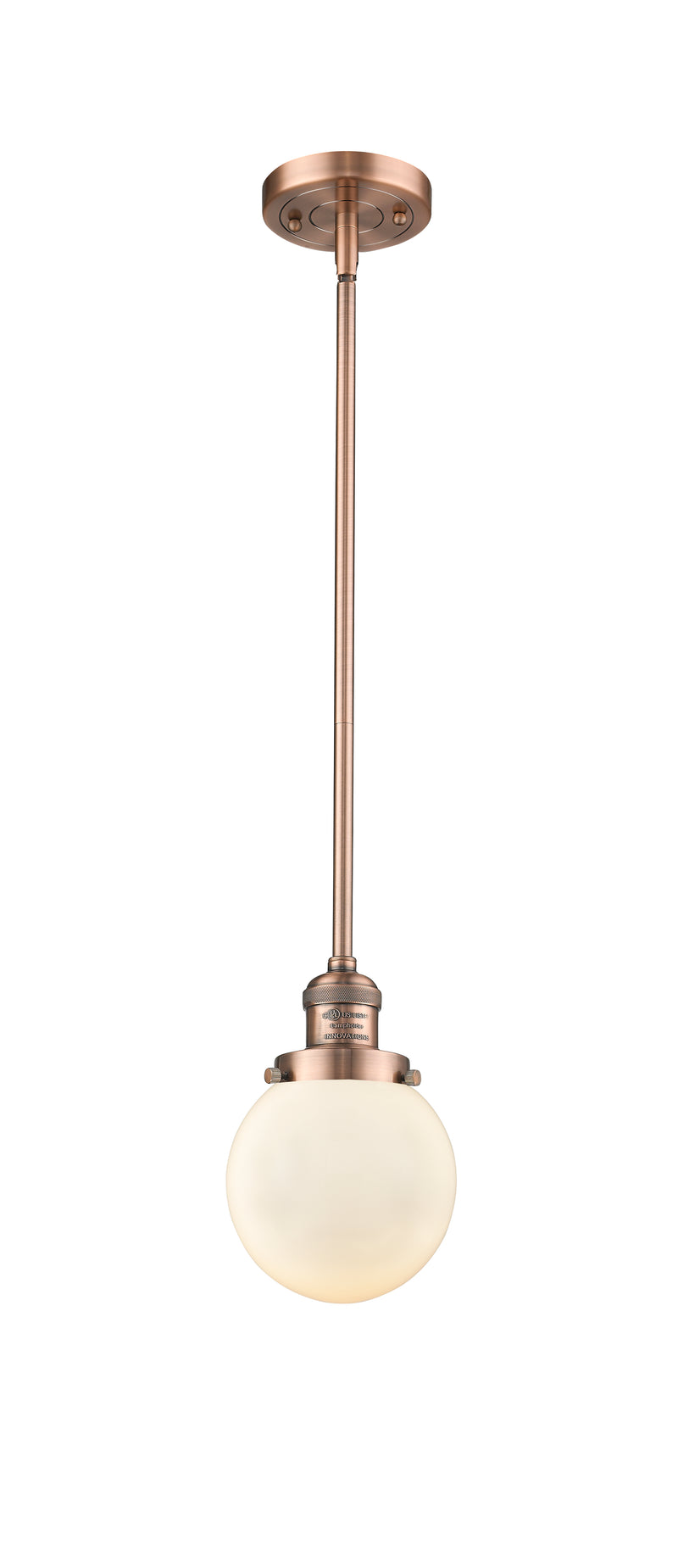 Innovations Lighting Beacon 1-100 watt 6 inch Antique Copper Mini Pendant with Matte White Cased glass and Solid Brass Hang Straight Swivel 201SACG2016