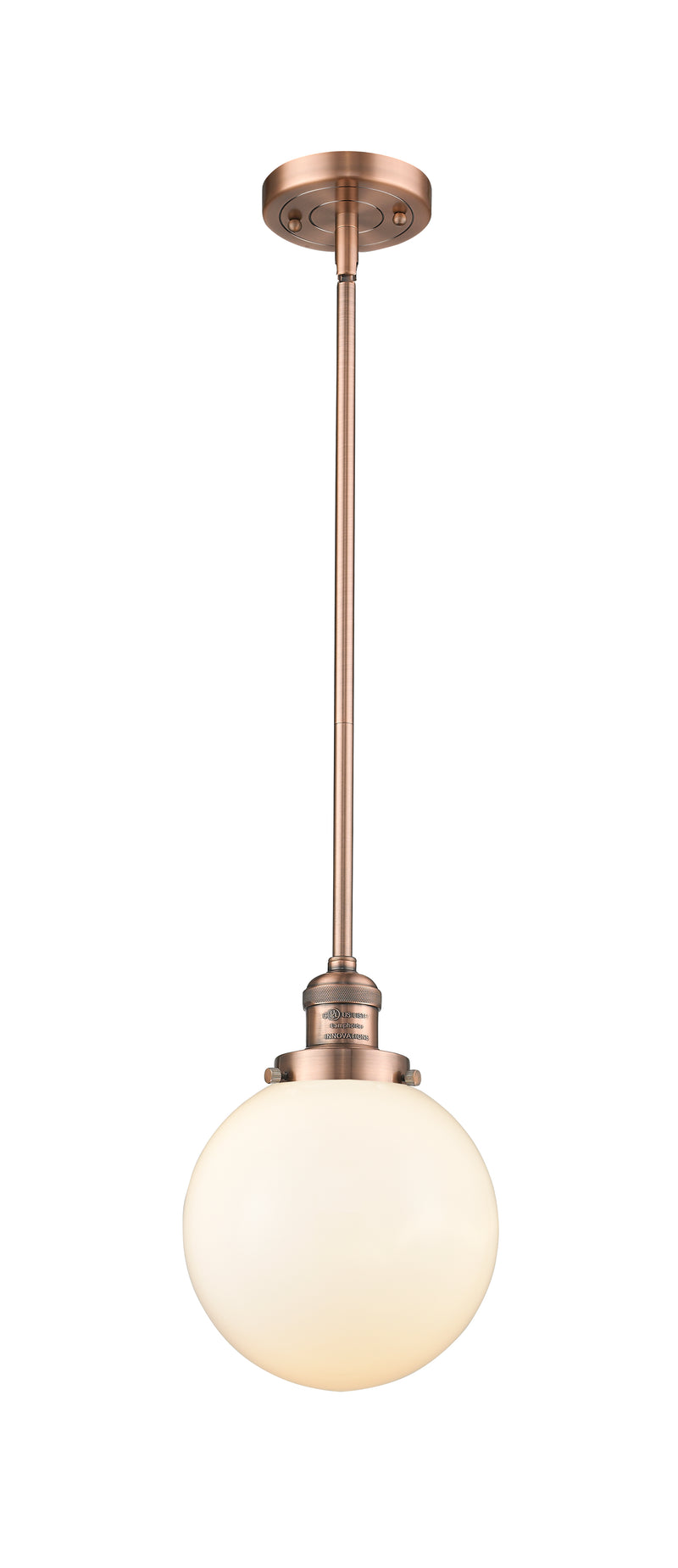 Innovations Lighting Beacon 1-100 watt 8 inch Antique Copper Mini Pendant with Matte White Cased glass and Solid Brass Hang Straight Swivel 201SACG2018