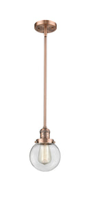 Innovations Lighting Beacon 1-100 watt 6 inch Antique Copper Mini Pendant with Clear glass and Solid Brass Hang Straight Swivel 201SACG2026