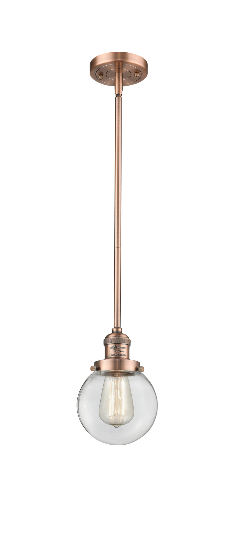 Innovations Lighting Beacon 1-100 watt 6 inch Antique Copper Mini Pendant with Clear glass and Solid Brass Hang Straight Swivel 201SACG2026