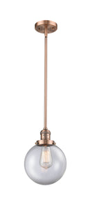 Innovations Lighting Beacon 1-100 watt 8 inch Antique Copper Mini Pendant with Clear glass and Solid Brass Hang Straight Swivel 201SACG2028