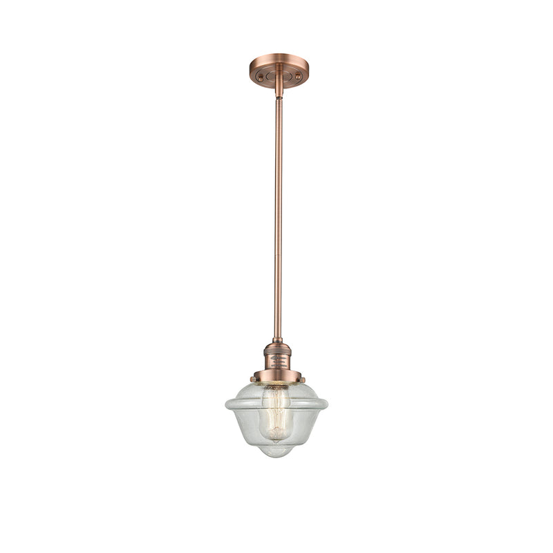 Oxford Mini Pendant shown in the Antique Copper finish with a Seedy shade