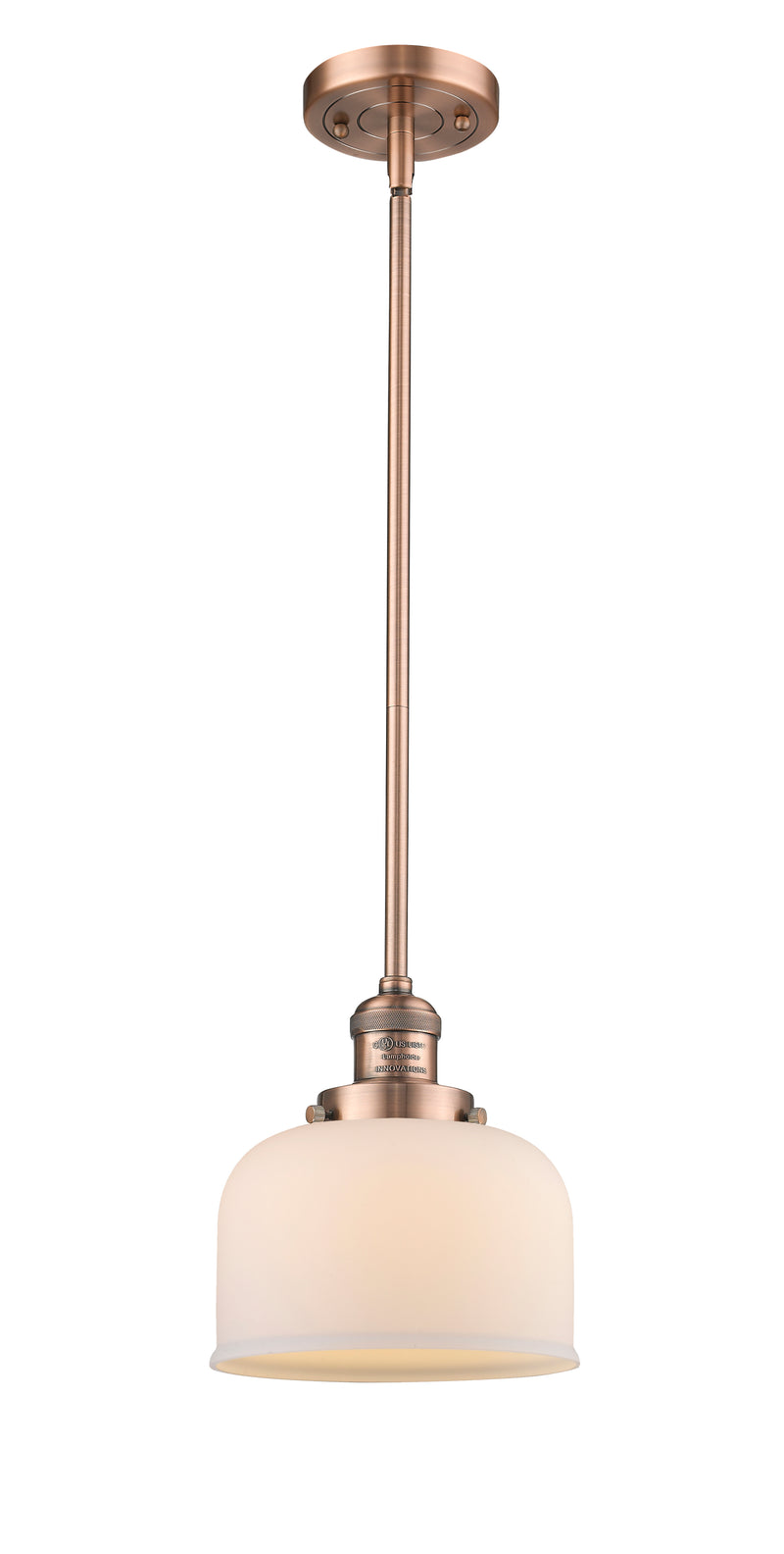 Innovations Lighting Large Bell 1-100 watt 8 inch Antique Copper Mini Pendant with Matte White Cased glass and Solid Brass Hang Straight Swivel 201SACG71