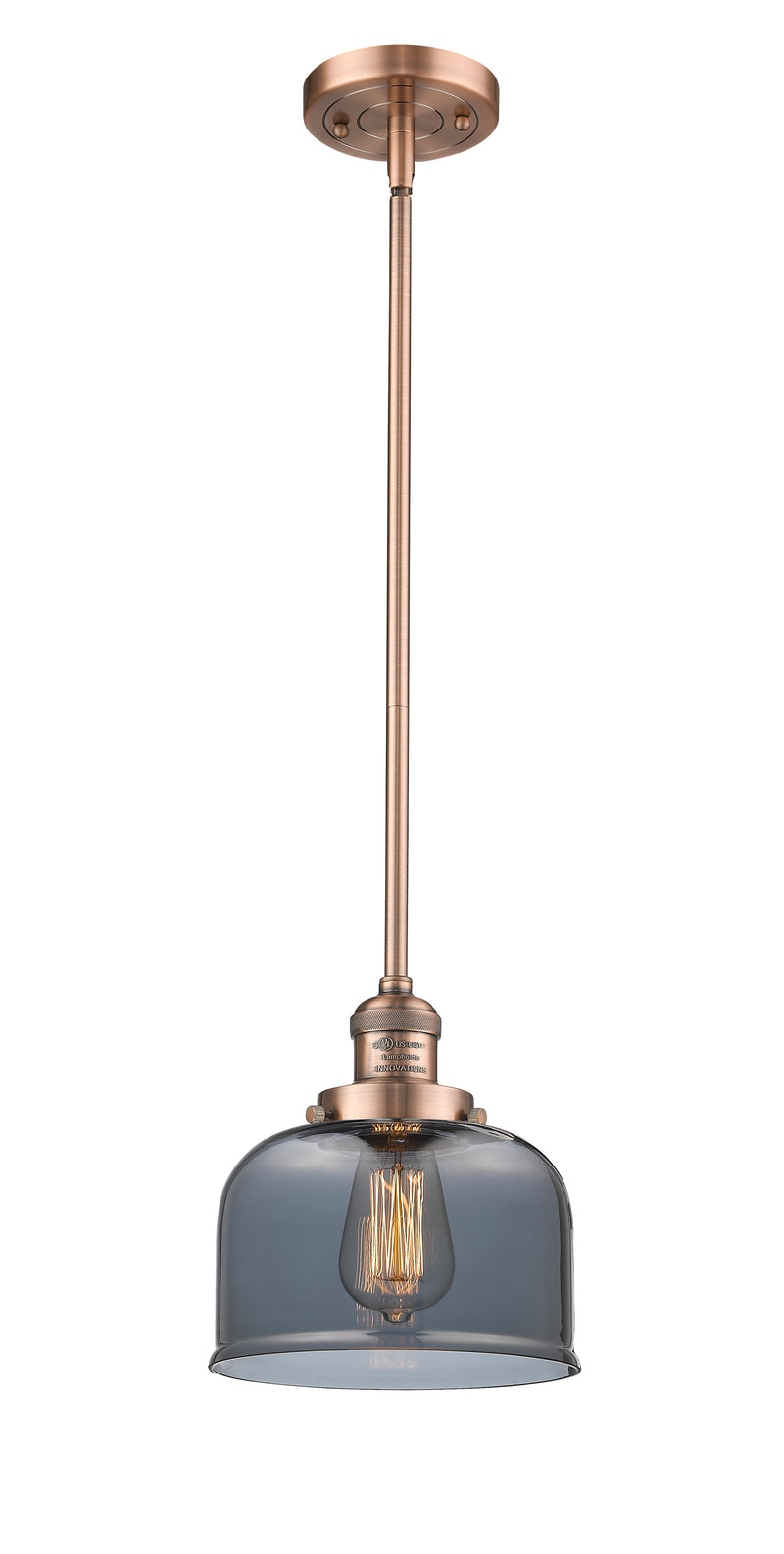 Innovations Lighting Large Bell 1-100 watt 8 inch Antique Copper Mini Pendant with Smoked glass and Solid Brass Hang Straight Swivel 201SACG73