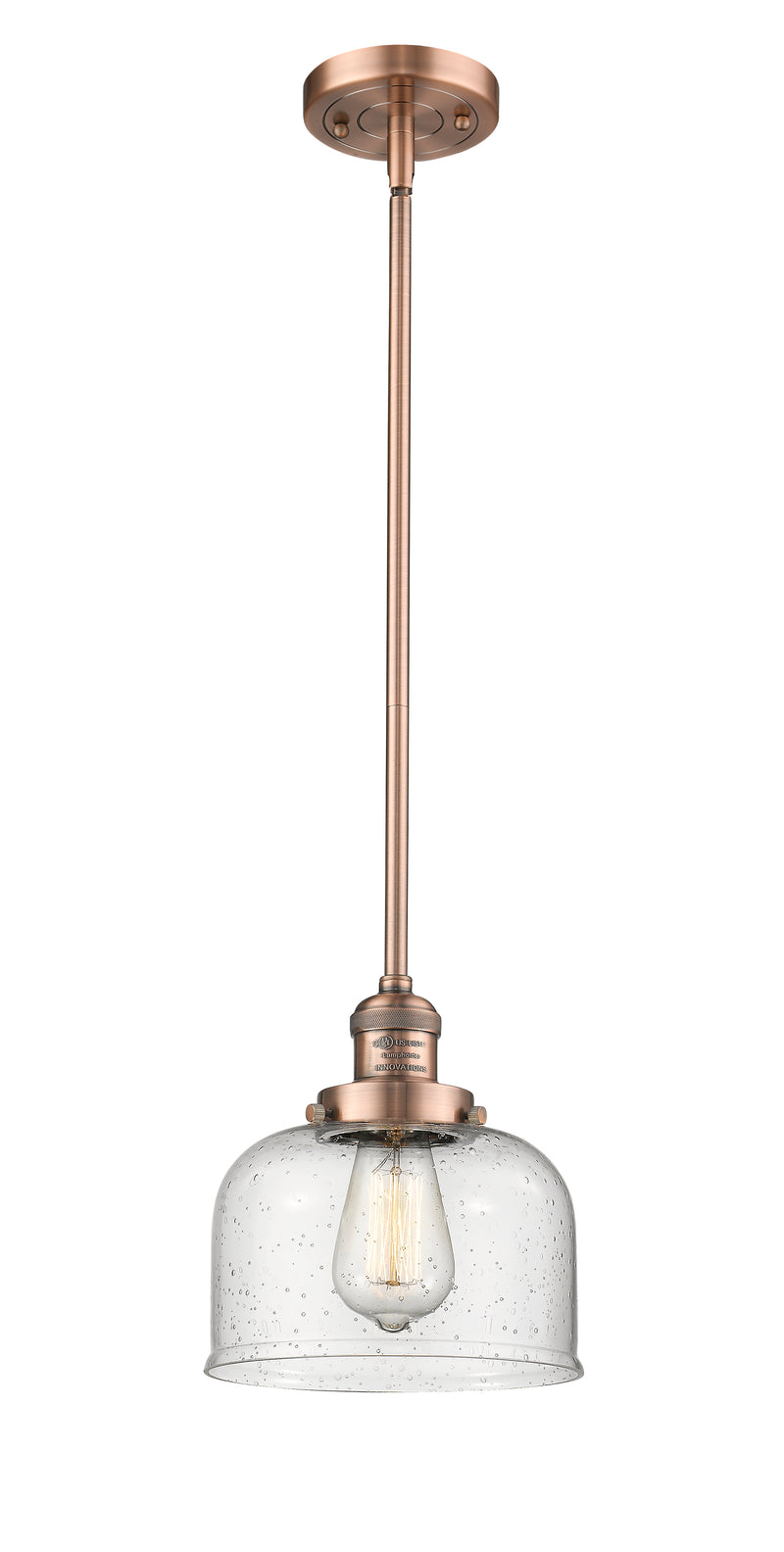 Innovations Lighting Large Bell 1-100 watt 8 inch Antique Copper Mini Pendant with Seedy glass and Solid Brass Hang Straight Swivel 201SACG74