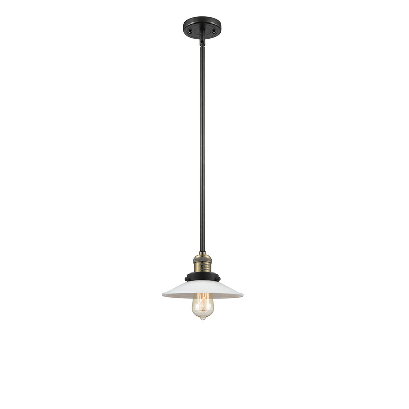 Halophane Mini Pendant shown in the Black Antique Brass finish with a Matte White Halophane shade