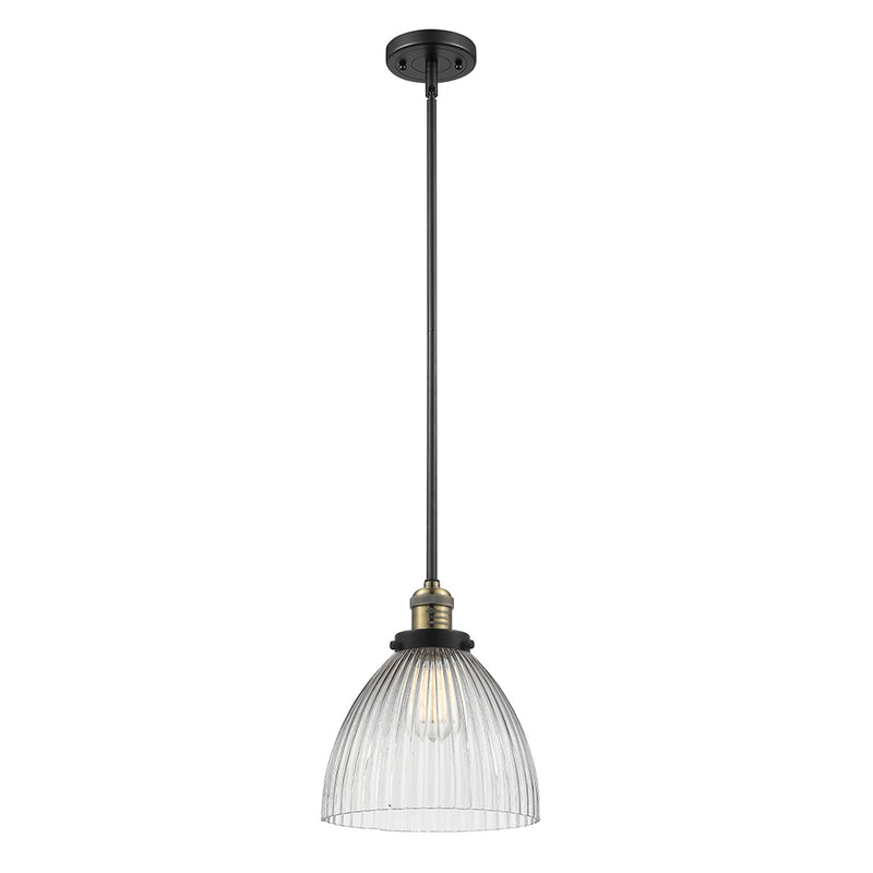 Seneca Falls Mini Pendant shown in the Black Antique Brass finish with a Clear Halophane shade