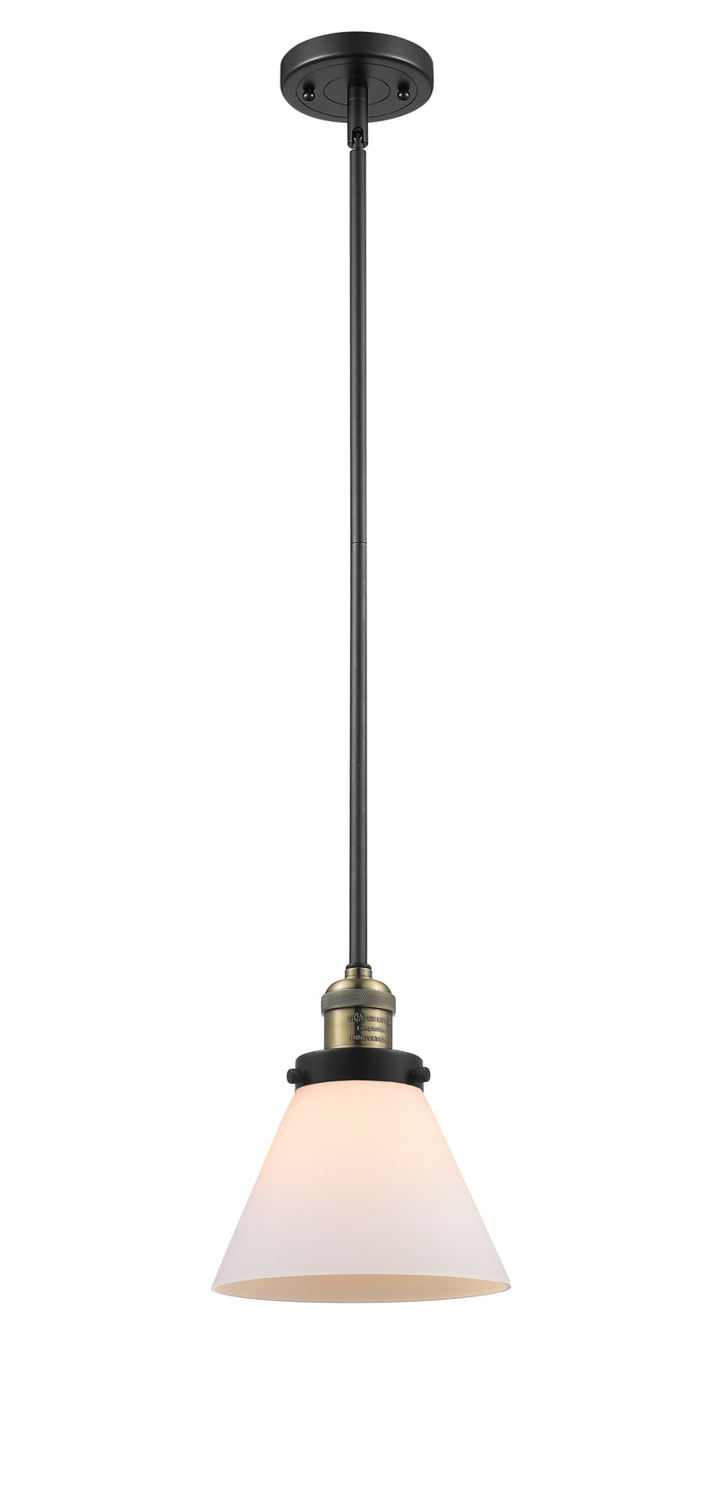 Innovations Lighting Large Cone 1-100 watt 8 inch Black Antique Brass Mini Pendant with Matte White Cased glass and Solid Brass Hang Straight Swivel 201SBABG41