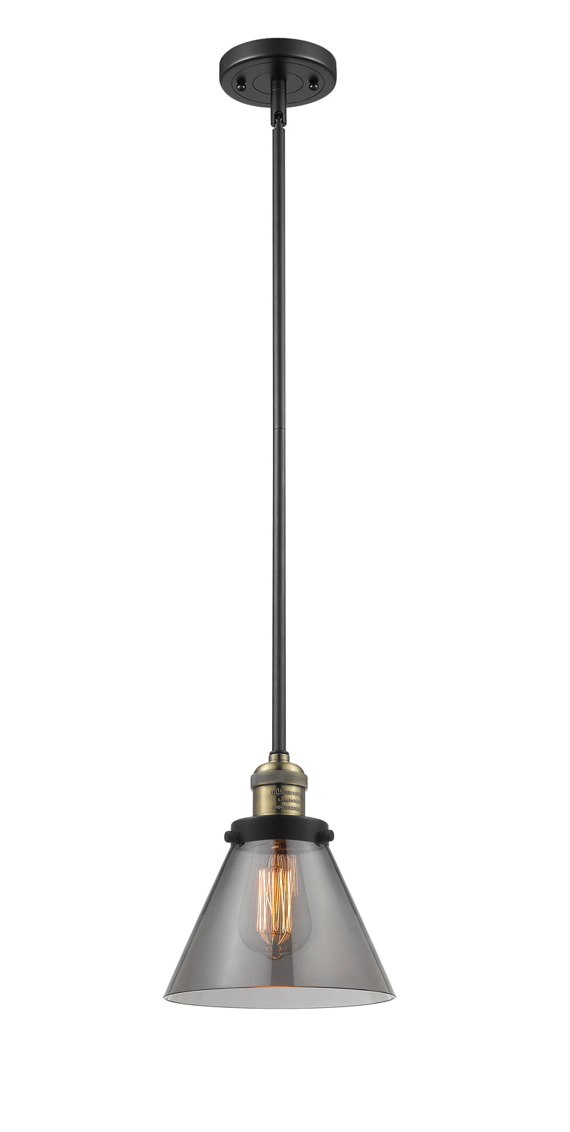 Innovations Lighting Large Cone 1-100 watt 8 inch Black Antique Brass Mini Pendant with Smoked glass and Solid Brass Hang Straight Swivel 201SBABG43