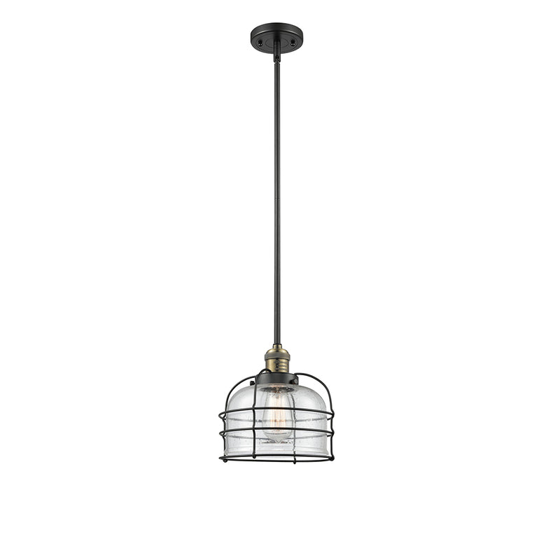 Bell Cage Mini Pendant shown in the Black Antique Brass finish with a Seedy shade