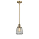 Chatham Mini Pendant shown in the Brushed Brass finish with a Clear shade