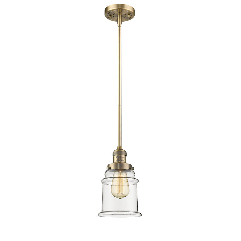 Canton Mini Pendant shown in the Brushed Brass finish with a Clear shade