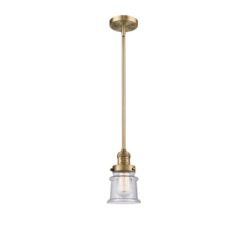 Canton Mini Pendant shown in the Brushed Brass finish with a Seedy shade