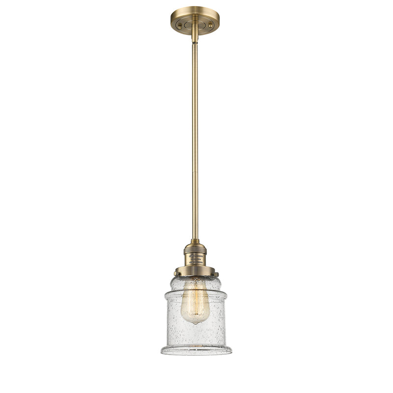 Canton Mini Pendant shown in the Brushed Brass finish with a Seedy shade