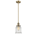 Canton Mini Pendant shown in the Brushed Brass finish with a Seedy shade