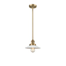 Halophane Mini Pendant shown in the Brushed Brass finish with a Matte White Halophane shade