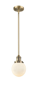 Innovations Lighting Beacon 1-100 watt 6 inch Brushed Brass Mini Pendant with Matte White Cased glass and Solid Brass Hang Straight Swivel 201SBBG2016