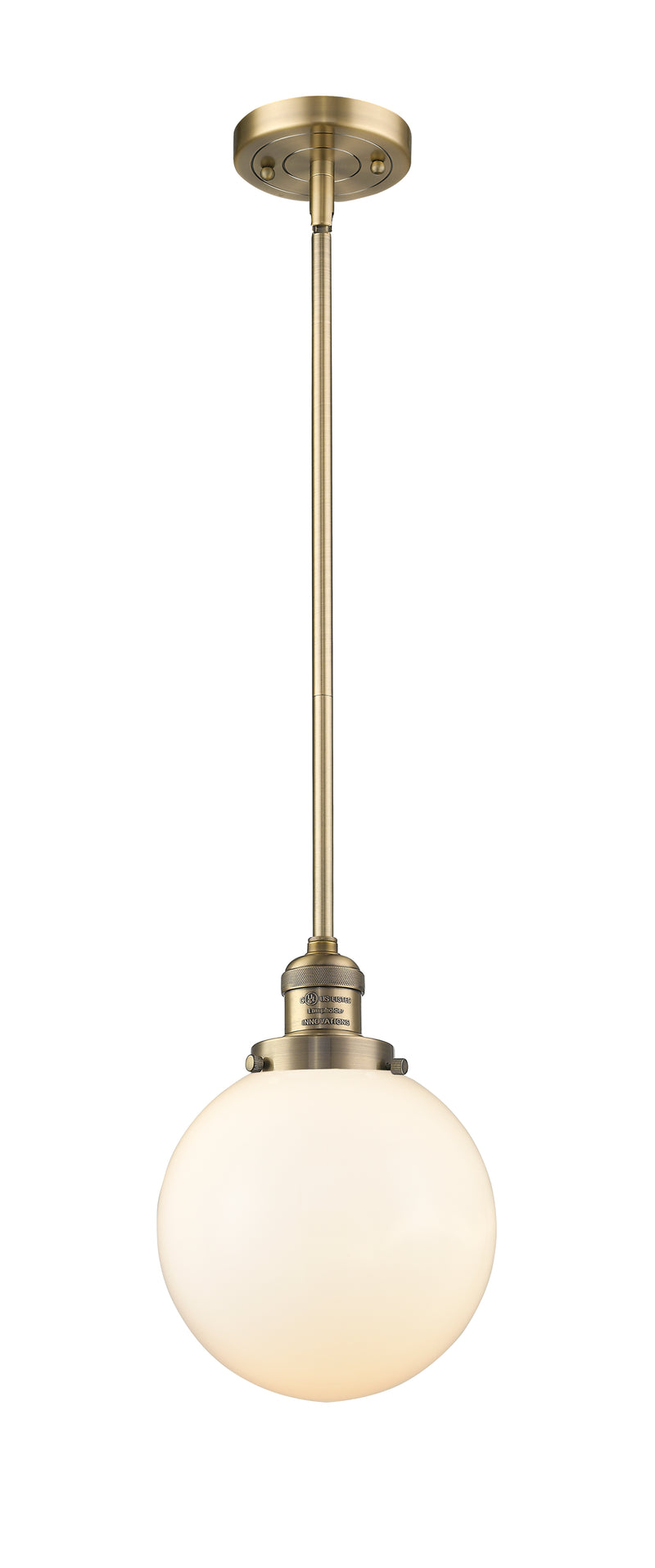 Innovations Lighting Beacon 1-100 watt 8 inch Brushed Brass Mini Pendant with Matte White Cased glass and Solid Brass Hang Straight Swivel 201SBBG2018