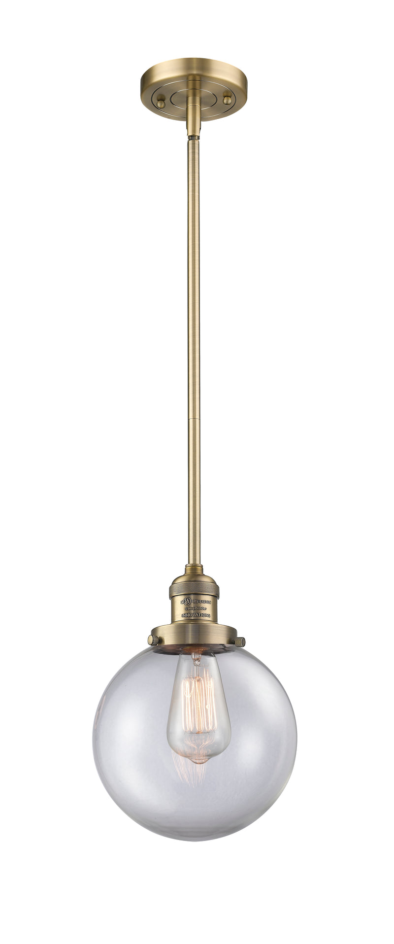 Innovations Lighting Beacon 1-100 watt 8 inch Brushed Brass Mini Pendant with Clear glass and Solid Brass Hang Straight Swivel 201SBBG2028