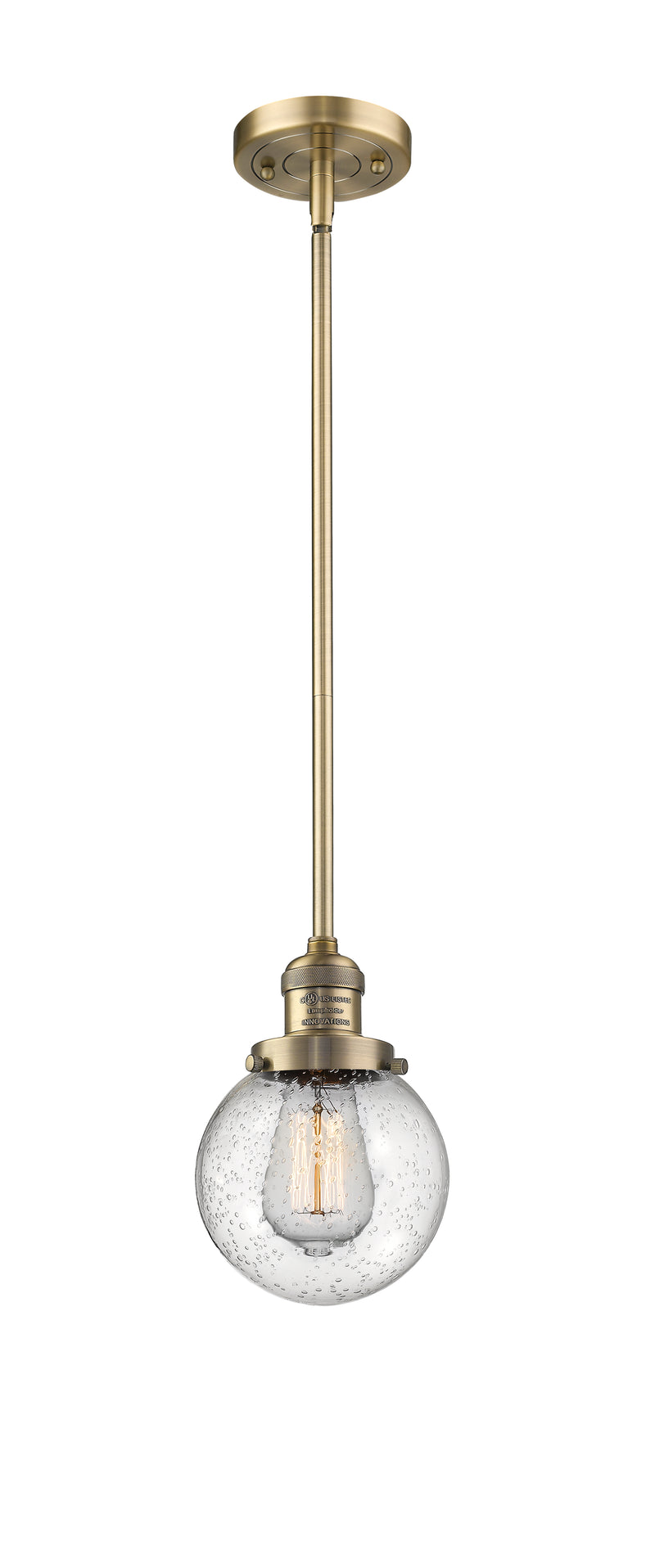 Innovations Lighting Beacon 1-100 watt 6 inch Brushed Brass Mini Pendant with Seedy glass and Solid Brass Hang Straight Swivel 201SBBG2046