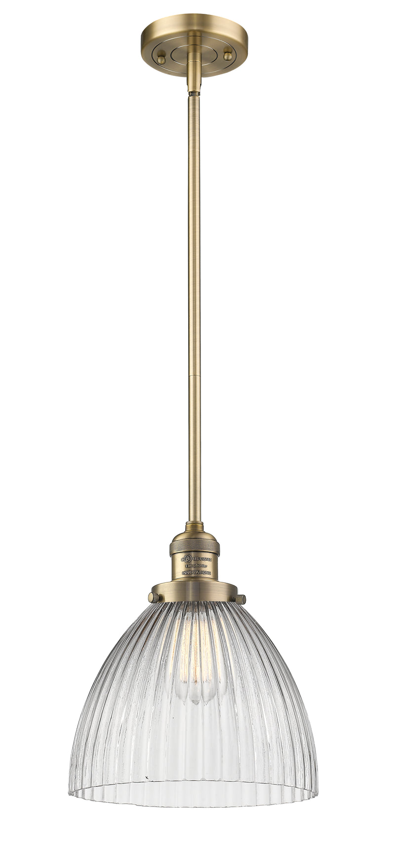 Innovations Lighting Seneca Falls 1-100 watt 10 inch Brushed Brass Pendant with Halophane glass and Solid Brass Hang Straight Swivel 201SBBG222