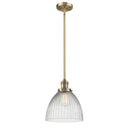 Seneca Falls Mini Pendant shown in the Brushed Brass finish with a Clear Halophane shade