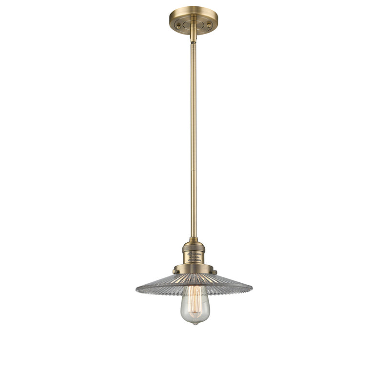 Halophane Mini Pendant shown in the Brushed Brass finish with a Clear Halophane shade