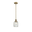 Colton Mini Pendant shown in the Brushed Brass finish with a Clear Halophane shade