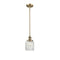 Colton Mini Pendant shown in the Brushed Brass finish with a Clear Halophane shade