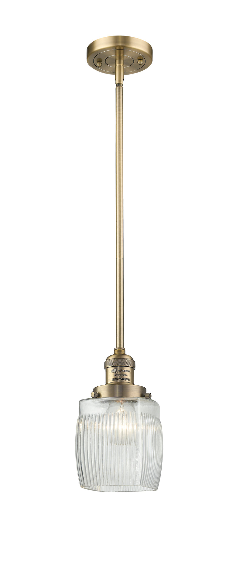 Innovations Lighting Colton 1-100 watt 8 inch Brushed Brass Mini Pendant with Thick Clear Halophane glass and Solid Brass Hang Straight Swivel 201SBBG302