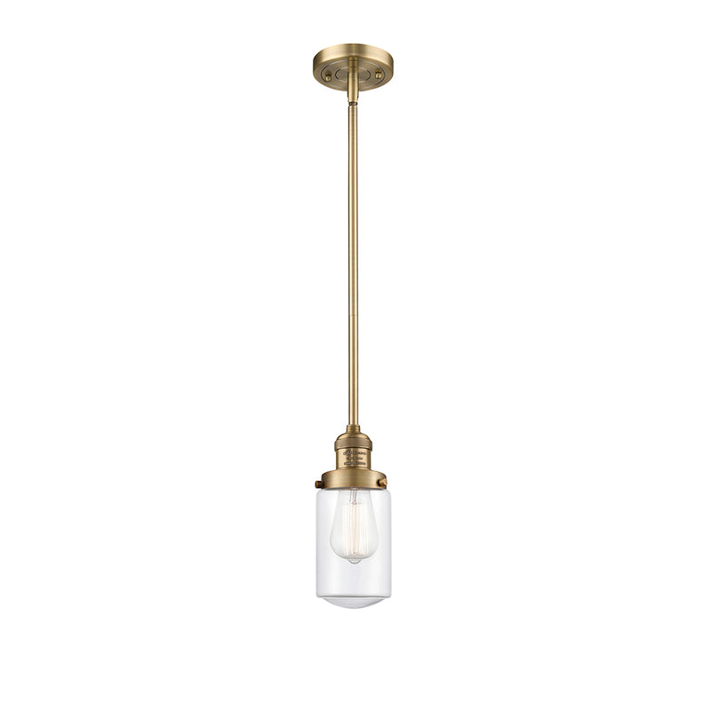 Dover Mini Pendant shown in the Brushed Brass finish with a Clear shade