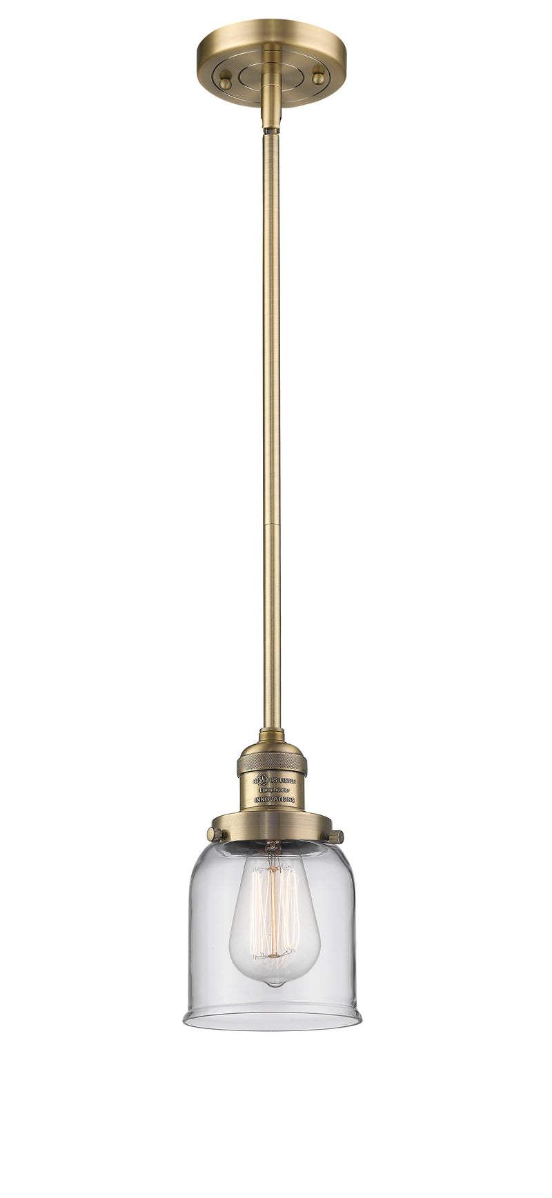 Innovations Lighting Small Bell 1-100 watt 5 inch Brushed Brass Mini Pendant with Clear glass and Solid Brass Hang Straight Swivel 201SBBG52