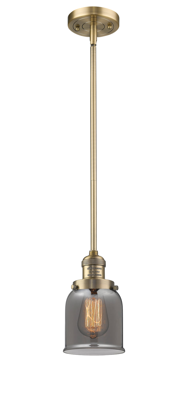 Innovations Lighting Small Bell 1-100 watt 5 inch Brushed Brass Mini Pendant with Smoked glass and Solid Brass Hang Straight Swivel 201SBBG53