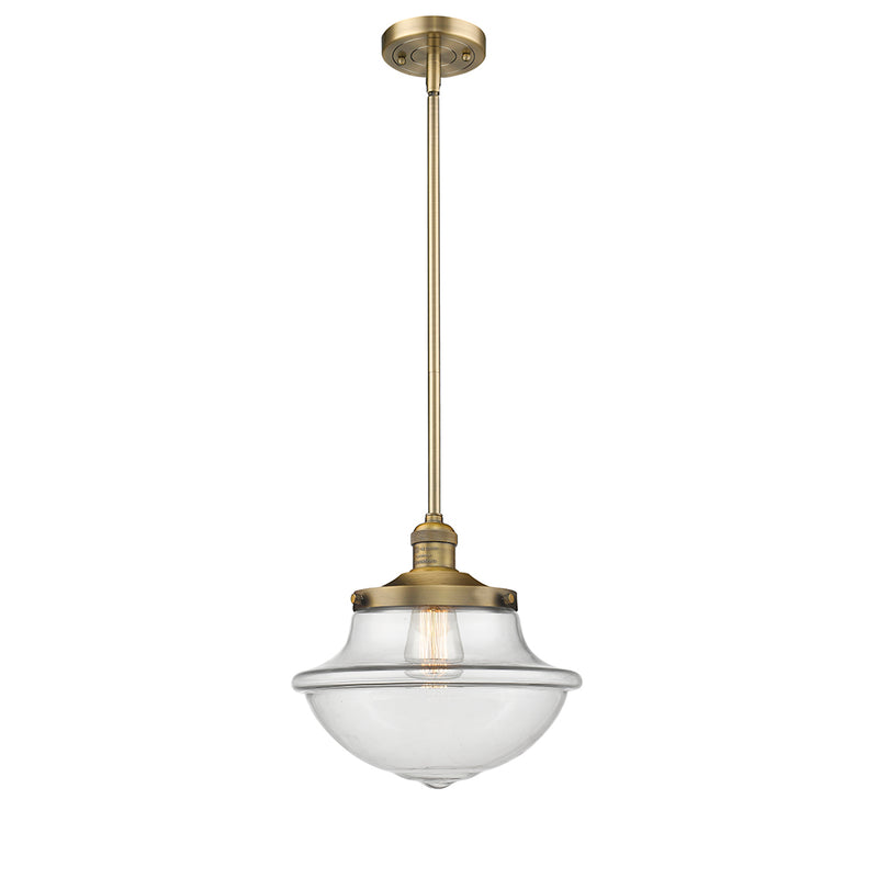 Oxford Mini Pendant shown in the Brushed Brass finish with a Clear shade